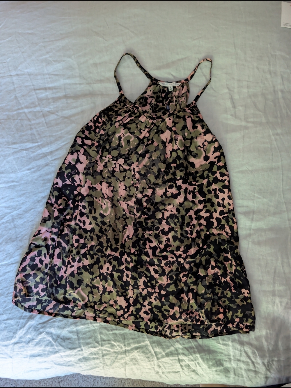 Rebecca Minkoff NWT Lizzy 100% Silk Cami Halter Top Pink Multi Camo M